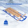 A wooden sled with blue metal runners is shown on a snowy surface, with product dimensions and load capacity indicated by text overlays. Náhled obrázku produktu