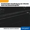 Close-up view of the interior of a black oven, highlighting the oven door handle and racks, with marketing text overlay. Produktbild-Vorschau