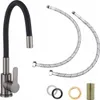 A kitchen faucet with a flexible black spout and a gunmetal gray base, along with two braided water hoses and some small accessory parts, laid out on a white background. Podgląd zdjęcia produktu