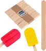 A collection of wooden popsicle sticks and two colorful popsicles. Produktbild-Vorschau