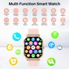 A pink smartwatch with a gold frame is displayed, surrounded by icons representing its various functions. Produktbild-Vorschau
