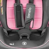 A close-up view of a pink and gray car seat with safety straps. Produktbild-Vorschau