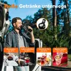 A man drinking from a travel mug next to an open car trunk, with various beverage preparation scenarios illustrated. Produktbild-Vorschau