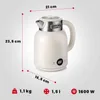 A product shot of a white electric kettle with dimensions and specifications overlaid. Náhľad obrázku produktu