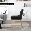 A black velvet dining chair with gold metal legs is shown in a room setting, with an inset diagram highlighting ergonomic design. Produktbild-Vorschau