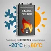 A 9V alkaline battery for smoke detectors is shown with symbols representing extreme temperatures and a house on fire. Produktbild-Vorschau