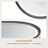 Two close-up views of a black-framed oval mirror with integrated LED lighting, showing details of the frame and lighting elements, along with text highlighting quality features. Produktbild-Vorschau
