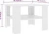 A white square coffee table with a shelf, shown from a slightly elevated front-left angle. Dimensions are indicated by purple lines and text. Produktbild-Vorschau