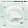 A mattress is shown surrounded by bubbles illustrating its features, such as anti-bacterial properties and being gentle on skin. Text overlays describe these features. Produktbild-Vorschau