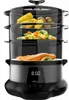 A multi-tiered food steamer filled with food, including salmon, vegetables, and corn on the cob. Náhled obrázku produktu