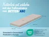 A folded mattress is shown with dimensions and certifications. Produktbild-Vorschau