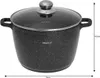 A black speckled pot with a glass lid and silver handle on a white background. Dimensions are indicated. Voir les images du produit