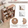 A wooden bookshelf with various items on its shelves, along with diagrams illustrating safety features. Náhľad obrázku produktu