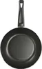 A top-down view of a black frying pan with a textured interior and a black handle, set against a white background. Produktbild-Vorschau