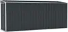A dark gray metal shed with silver trim, shown from the front. Náhled obrázku produktu
