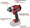 A red and black cordless impact wrench with various features highlighted by text labels. Produktbild-Vorschau