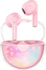 A pair of pink wireless earbuds in their charging case, with colorful LED lights illuminating the case. Náhľad obrázku produktu