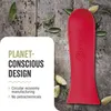 A red silicone handle cover with text overlays about its eco-friendly design, placed on a wooden surface with herbs and lemon slices. Produktbild-Vorschau