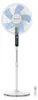 A white oscillating stand fan with blue blades is shown on a white background. A remote control is placed next to the base of the fan. Podgląd zdjęcia produktu