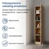 A tall, narrow wooden cabinet with a door is shown in a room. To the left, there are icons and text describing the cabinet's uses. Produktbild-Vorschau
