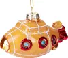 A yellow glass Christmas ornament shaped like a submarine, with red and blue accents. Náhled obrázku produktu