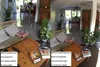 A split image showing a living room with and without a wide-angle lens attached to a camera. Produktbild-Vorschau