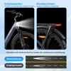 Collage showing the front and rear lights of an e-bike, along with a comparison of its lighting performance against a previous model. Produktbild-Vorschau