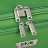 A close-up view of the zippers and lock on a green suitcase. Náhľad obrázku produktu