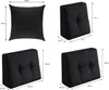 A collage of four images showing different sizes and orientations of black wedge pillows, with dimensions indicated by measurement lines and text. Produktbild-Vorschau