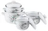 A set of white enamel pots with a floral pattern, displayed on a white background. Podgląd zdjęcia produktu
