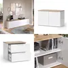 A collage of images showing a white and wood-tone sideboard/cabinet in different settings and views. Náhled obrázku produktu