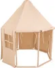 A beige hexagonal play tent with windows, set against a white background. Produktbild-Vorschau