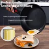 A hand holding a frying pan with a fried egg and toast on a plate below. Produktbild-Vorschau