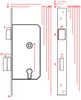 Diagram of a lock mechanism with measurements indicated by red lines and labels. Produktbild-Vorschau