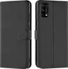 A black flip case for a smartphone is shown from the front and back. Produktbild-Vorschau