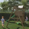 Two children are playing on a wooden playground set in a grassy backyard. Produktbild-Vorschau