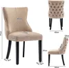 Multiple views of a beige upholstered dining chair with dimensions indicated by measurement lines and text. Produktbild-Vorschau