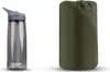 A water bottle and a rolled-up sleeping mat are shown side-by-side against a white background. Produktbild-Vorschau