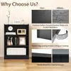 A black three-shelf bookcase is shown next to marketing images highlighting product features. Náhled obrázku produktu