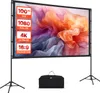 A projector screen on a stand with a carrying bag underneath, displaying a colorful abstract image. Anteprima dell’immagine prodotto