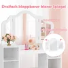 A white vanity table with a tri-fold mirror, a vase of pink flowers, and a stuffed animal. Produktbild-Vorschau