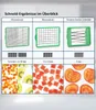 A collage showing different cutting attachments for a kitchen gadget and the results of using them on various fruits and vegetables. Voir les images du produit