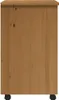 Side view of a wooden cabinet with wheels. Voir les images du produit