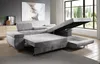 A grey sectional sofa is shown in a living room setting, with one section pulled out to reveal a storage compartment and another section extended to show the bed function. Produktbild-Vorschau