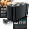 A black toaster with a bread roll attachment is shown, with text highlighting its features and safety certifications. Náhľad obrázku produktu