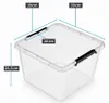 A clear, well-lit studio shot of a transparent plastic storage container with black handles, showing its dimensions. Produktbild-Vorschau