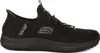A black Skechers slip-on shoe is shown from the side against a white background. Voir les images du produit
