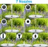 A collage of images showing a solar fountain with different nozzle attachments in a garden setting. Produktbild-Vorschau