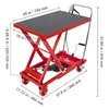 A red hydraulic scissor lift table with dimensions indicated by text overlays. Voir les images du produit