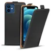 A black flip case for an iPhone 12 Mini is shown, with the phone partially visible inside. Podgląd zdjęcia produktu